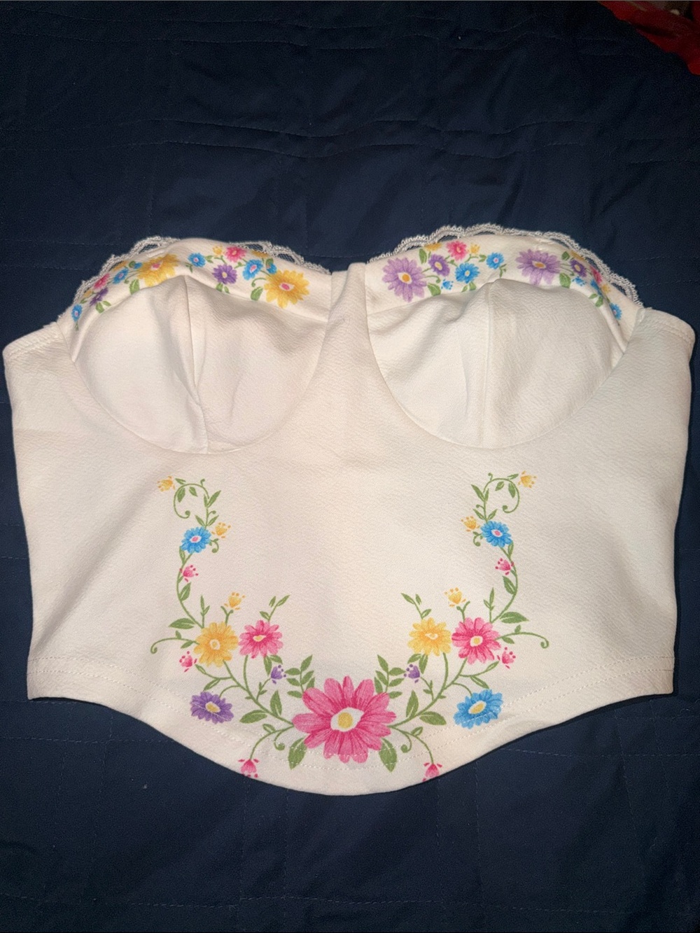 SHEIN White Strapless Floral Embroidered Bustier Crop Top - Multicolor Flowers
